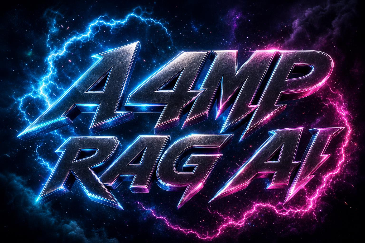A4MP RAG AI cinematic 3D wordmark with electric lightning